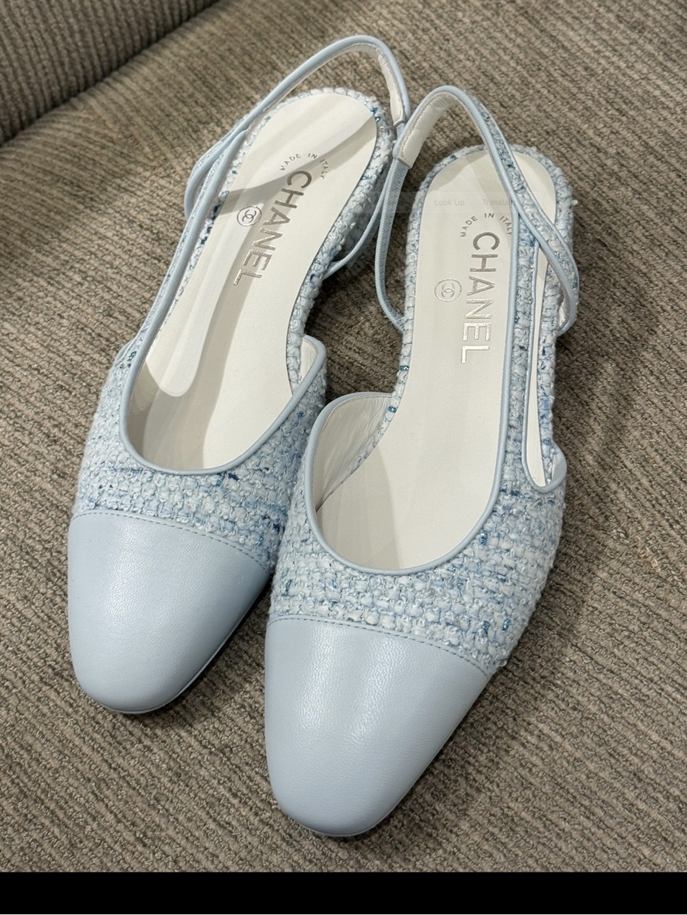 CHANEL Light Blue Tweed Slingback Flats with Leather Cap Toe - Picture 5 of 5